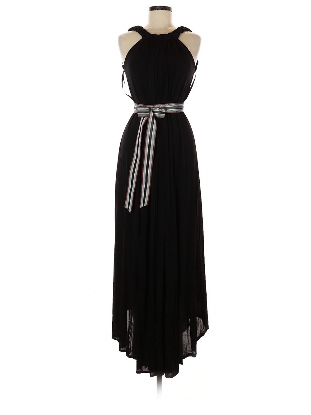 BCBGMaxAzria Black High-Low Maxi dress with Striped Waist Sash